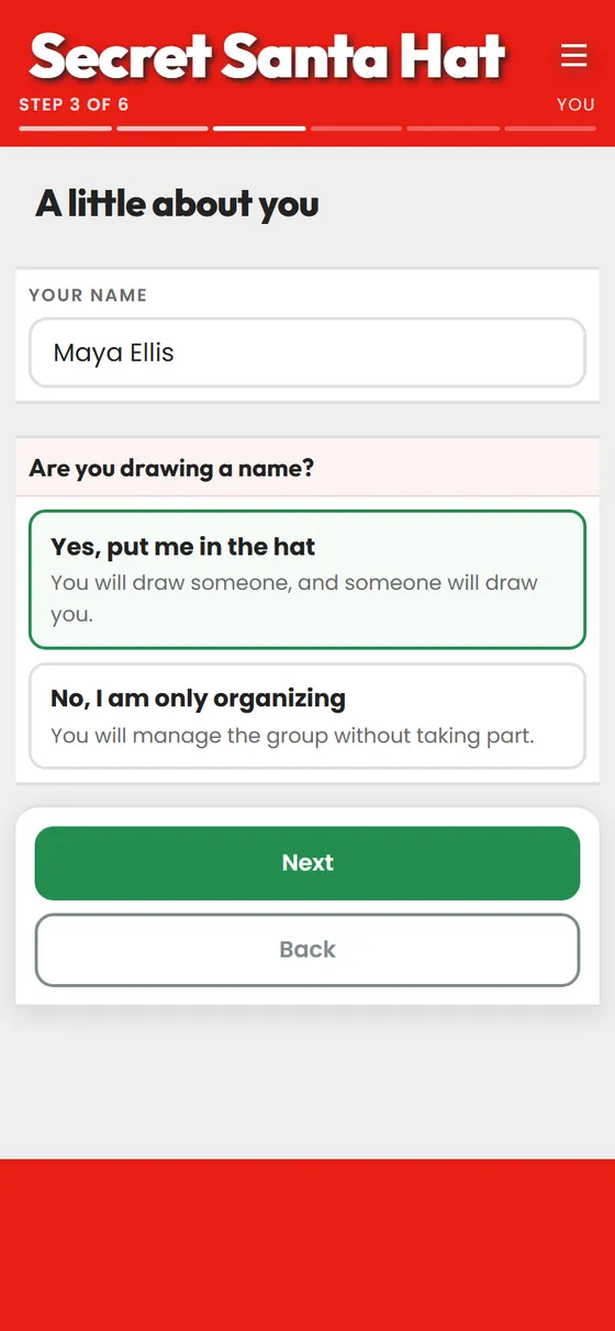 The organizer step asking whether you are drawing a name yourself