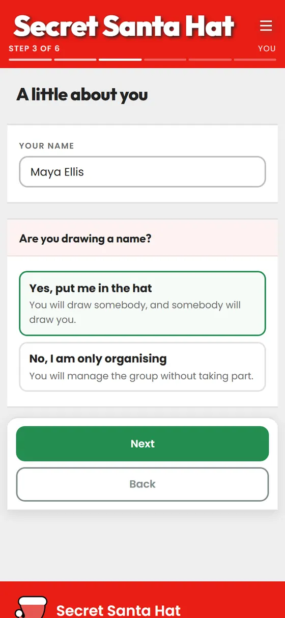 The organizer step asking whether you are drawing a name yourself