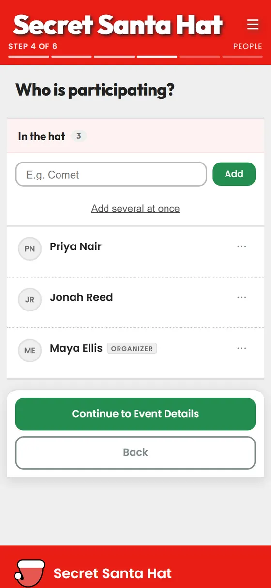 Participants being added to the hat one at a time