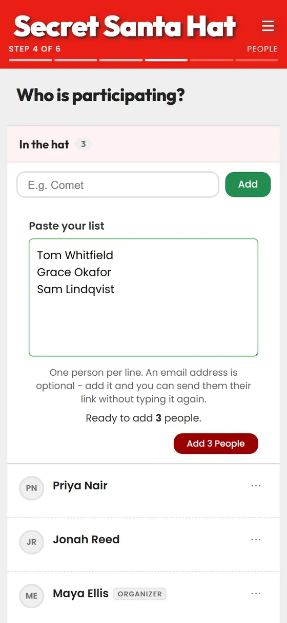 A pasted list of names being read into the group at once