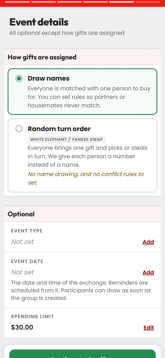 The event details step choosing between drawing names and a turn order
