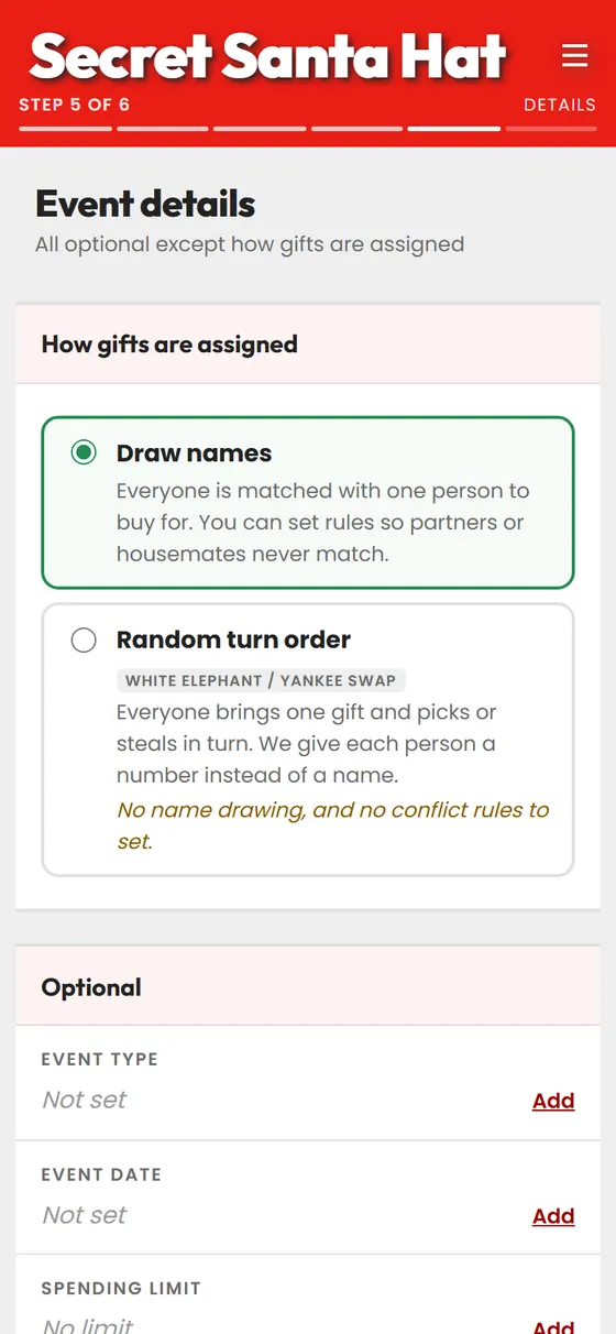 The event details step choosing between drawing names and a turn order