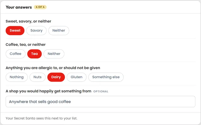 Four short questions about a participant, three answered with a single tap