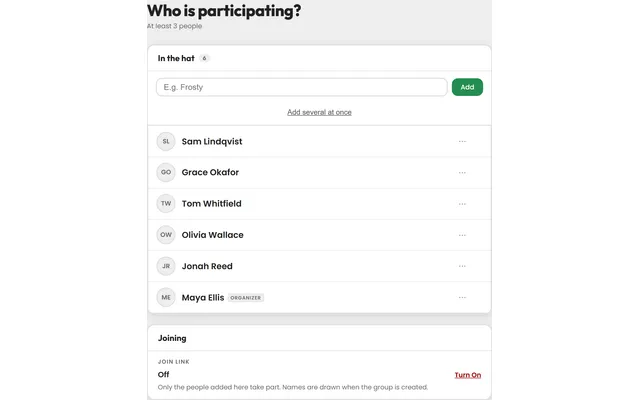 Adding participants to a new Secret Santa group, one name per row
