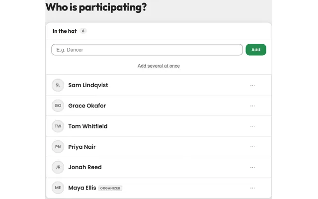 Adding participants to a new Secret Santa group, one name per row