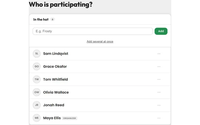 Adding participants to a new Secret Santa group, one name per row