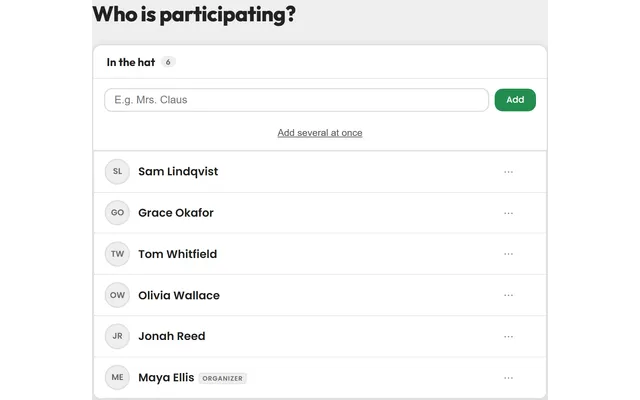 Adding participants to a new Secret Santa group, one name per row