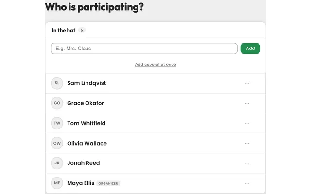 Adding participants to a new Secret Santa group, one name per row