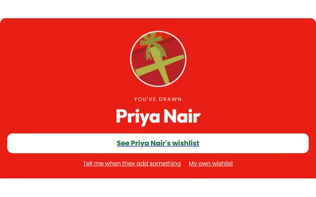 The draw result revealing which participant you drew, with a link to their wishlist