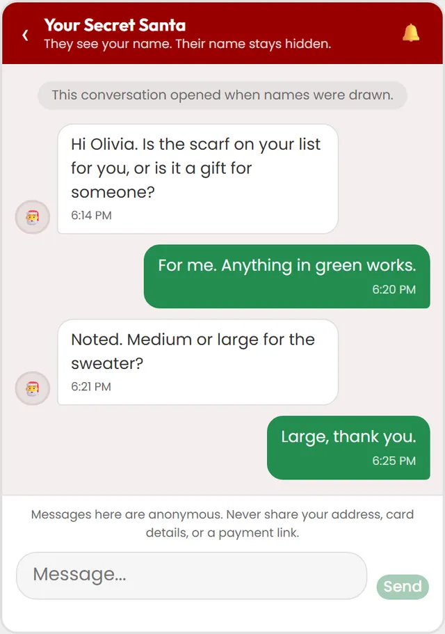 The same conversation as the person they drew sees it, headed Your Secret Santa