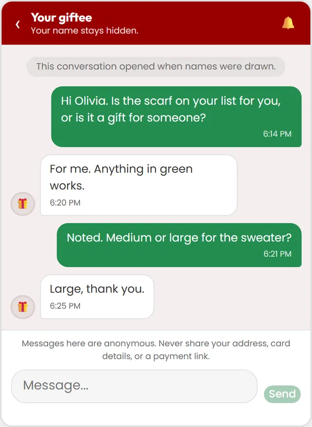 An anonymous conversation as the Secret Santa sees it, headed Your giftee