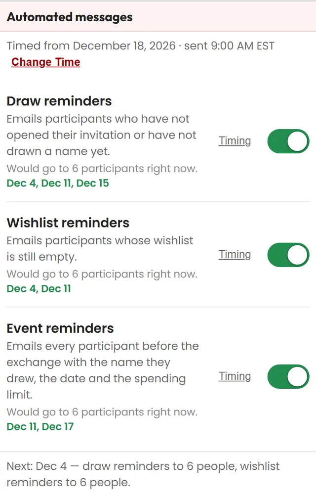 The Automated messages card with draw reminders, wishlist reminders and event reminders switched on, and the days each one is sent
