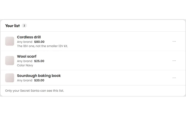 A wishlist of three gift ideas with prices and notes, visible only to your Secret Santa